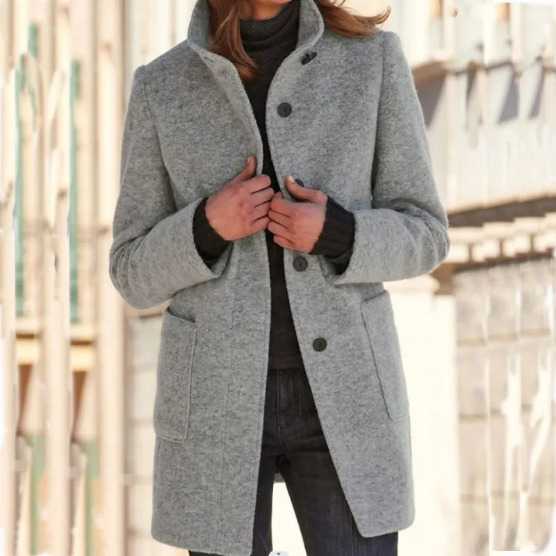 

Женское шерстяное пальто средней длины, винтажное однотонное пальто с воротником-стойкой и пуговицами, осень/зима 2023