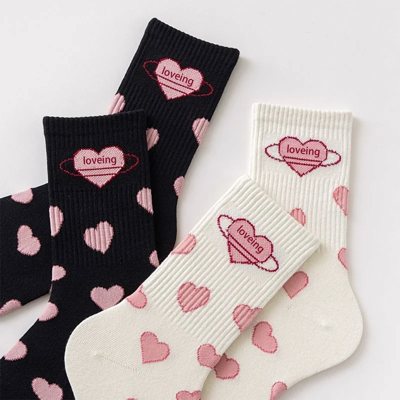 

1 Pairs Big Pink Love Black White Mid-tube Sock Cute Students Girls JK Lolita Socks Simple Fashionable Socks