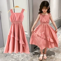 2022 spring summer kids girls flounce chiffon fold dresses formal princess children braces skirt 4 5 6 7 8 10 11 12 13 years