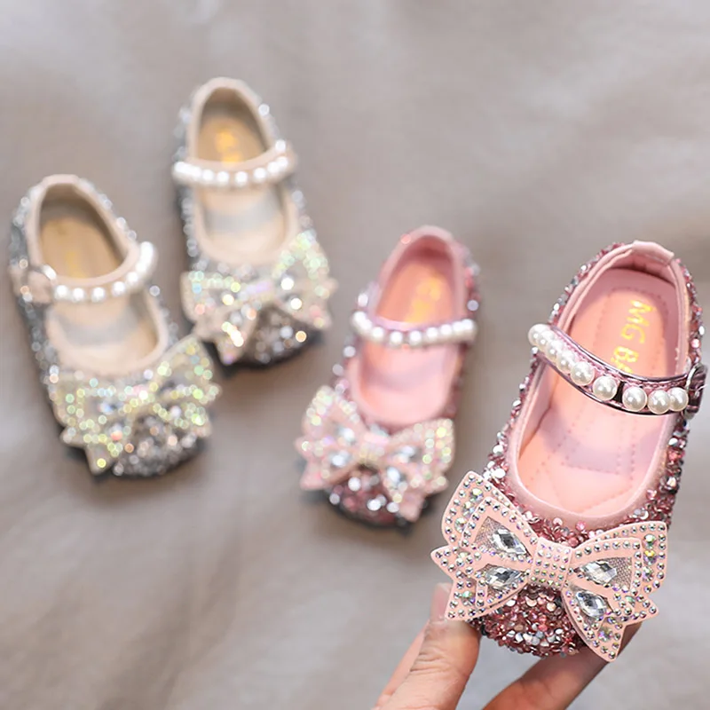 

Туфли с бабочками и кристаллами, демисезонные туфли на плоской подошве, обувь принцессы, блестящие Джейн, детские весенние туфли с жемчугом для девочек, Туфли Мэри