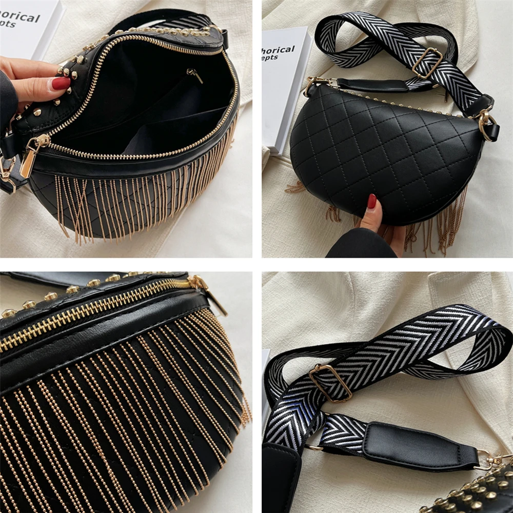 Hifashion Широкий ремешок Кисточка Грудь Crossbody Сумки для женщин 2022 Шипованный Роскошный дизайнер Большой емкости Женская талия Fanny Pack (art.: 3920bed13b3eb) - 3920bed13b3eb