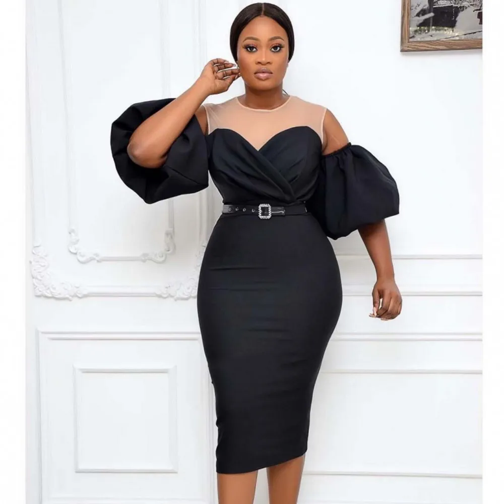 

Женское Сетчатое однотонное платье-миди с пышными рукавами и открытыми плечами