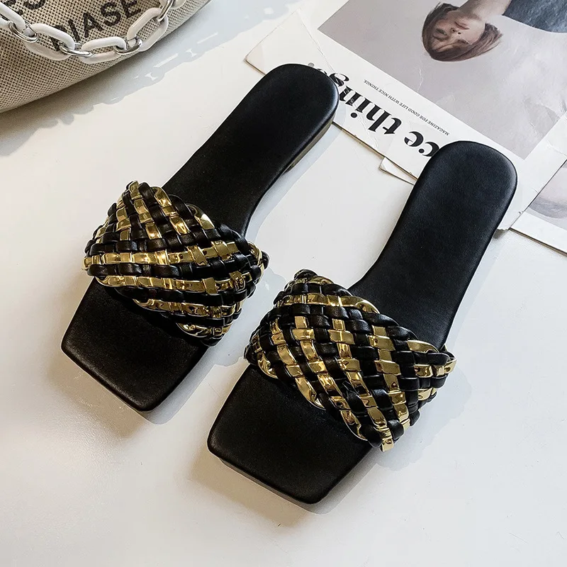 Summer Women Square Toe Flat Slippers Women's Casual Flip Flops Beach Sandals Ladies Flat Fashion Sandals Woman Weave Shoes
