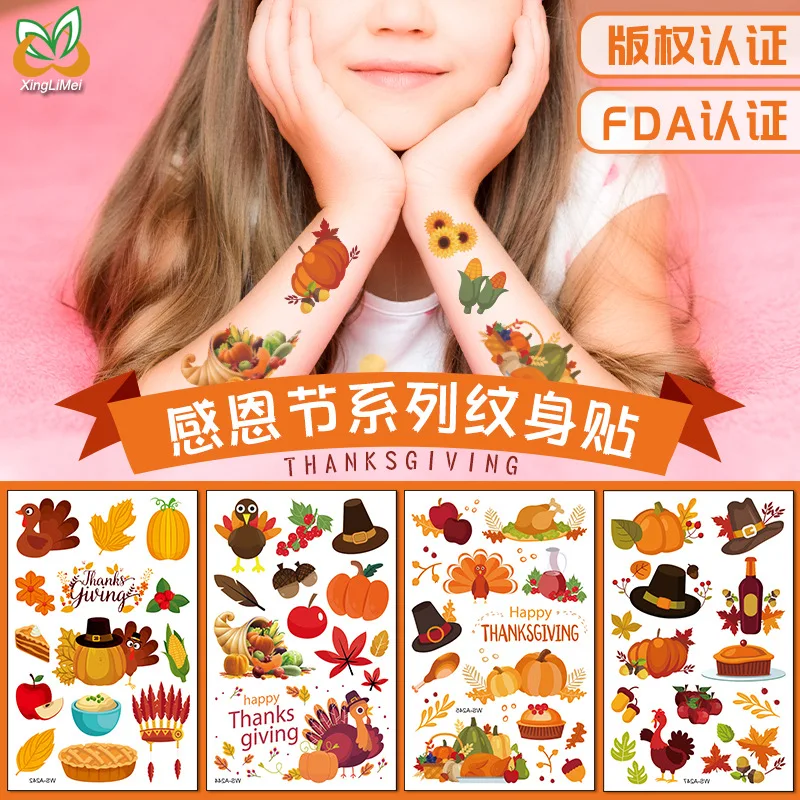 

Thanksgiving Tattoo Stickers Autumn Harvest Festival Face Stickers Maple Fruits Turkey Pumpkin Temporary Stickers Kids Favor