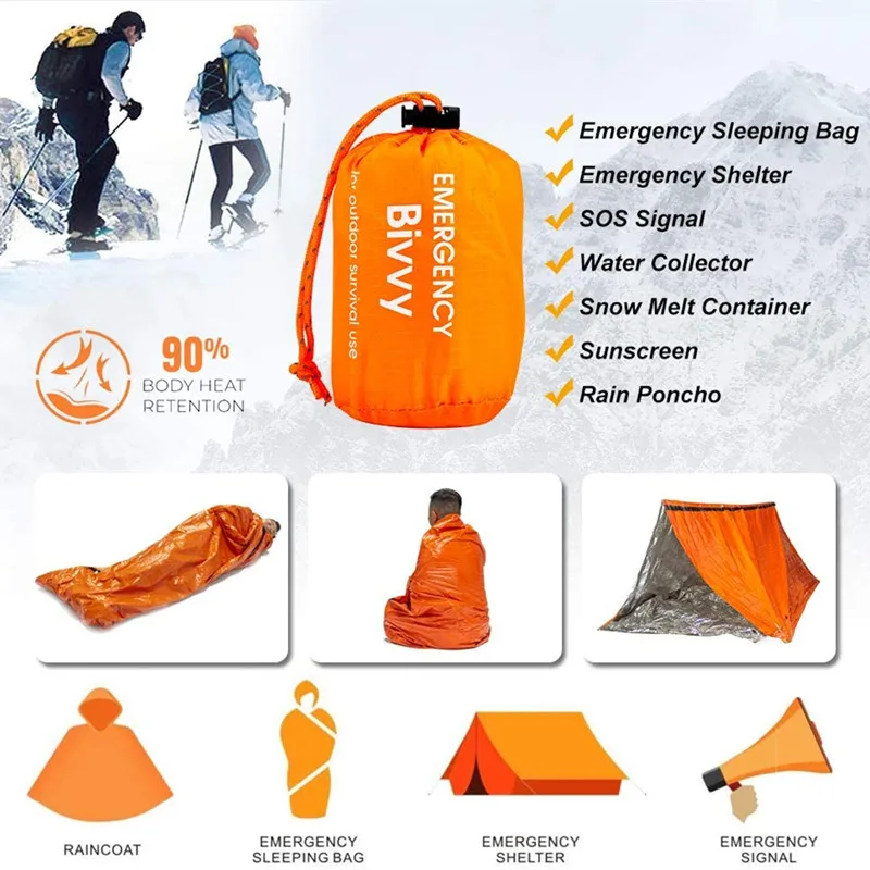 Компактный Спальный Мешок Bivy, портативный водонепроницаемый многоразовый спальный мешок, одеяло для выживания из майлара - изображение