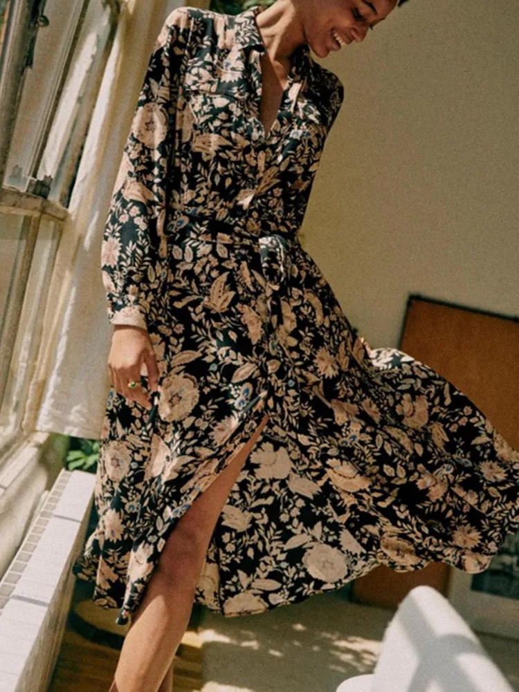 Women Turn-down Collar Midi Dress Lace-up Vintage Floral Print Female Single Breasted Robes Spring