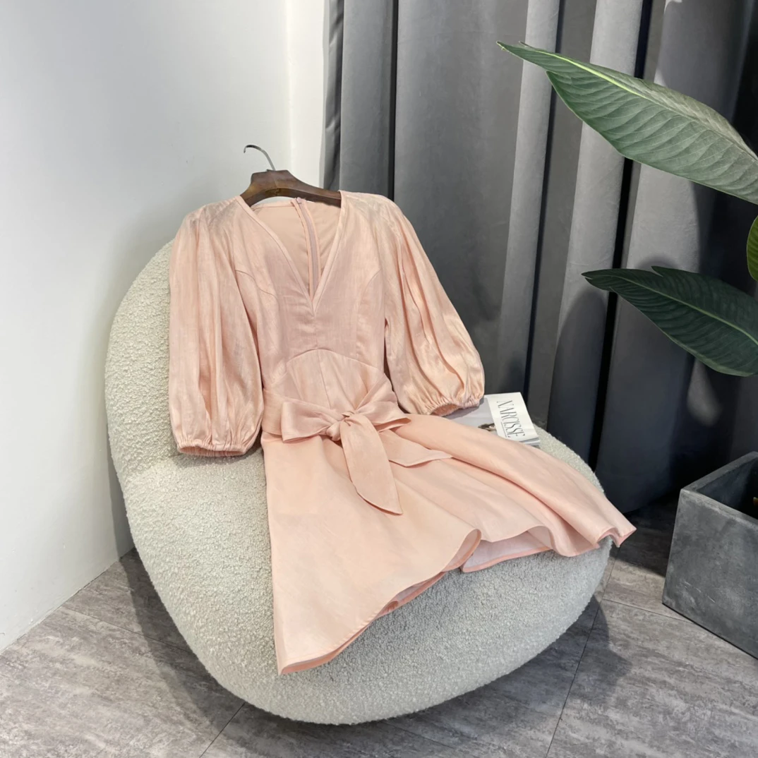 

2022 New Spring Designer Top Quality Linen Clothing Half Lantern Sleeve V-neck Pink Mini Waist Dress With Fabric Belt