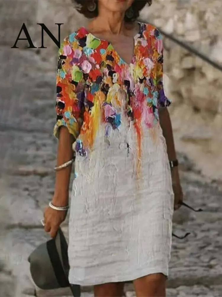 

Spring 2023 New Women's Cotton and Linen New Trend Print V-neck Dress Long Dresses for Women Vintage Dress New In Dresses