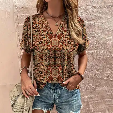 Retro Women's T Shirt Floral Print Summer Casual Ladies Clothes Short Sleeve Blouse V Neck Harajuku Clothing Female New Street