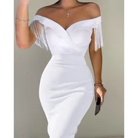 2022 women tassel decor off shoulder bodycon dress v neck short sleeve sexy skinny party dress summer solid white sexy robes new