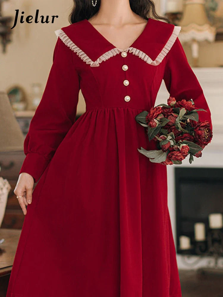 

Jielur 2022 Women Party Dresses Korean Vintage Velvet Black Long Sleeve Robe Elegant Clothes Japanese Peter Pan Collar Dress