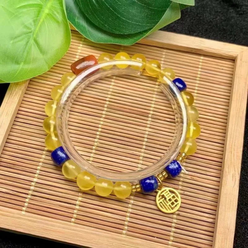 Браслет из натурального янтарного пчелиного воска с бусинами лазурита и