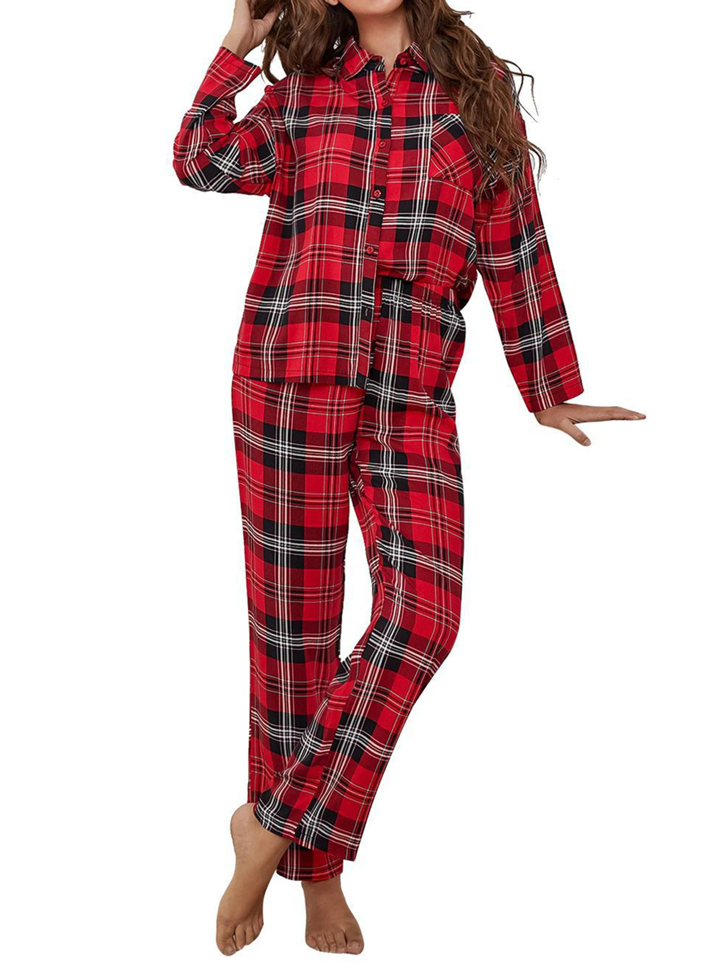 

Women s Cozy Pajama Set with Lapel Collar Long Sleeve Button-Up Shirt and Matching Pants - 2 Piece Loungewear Ensemble for