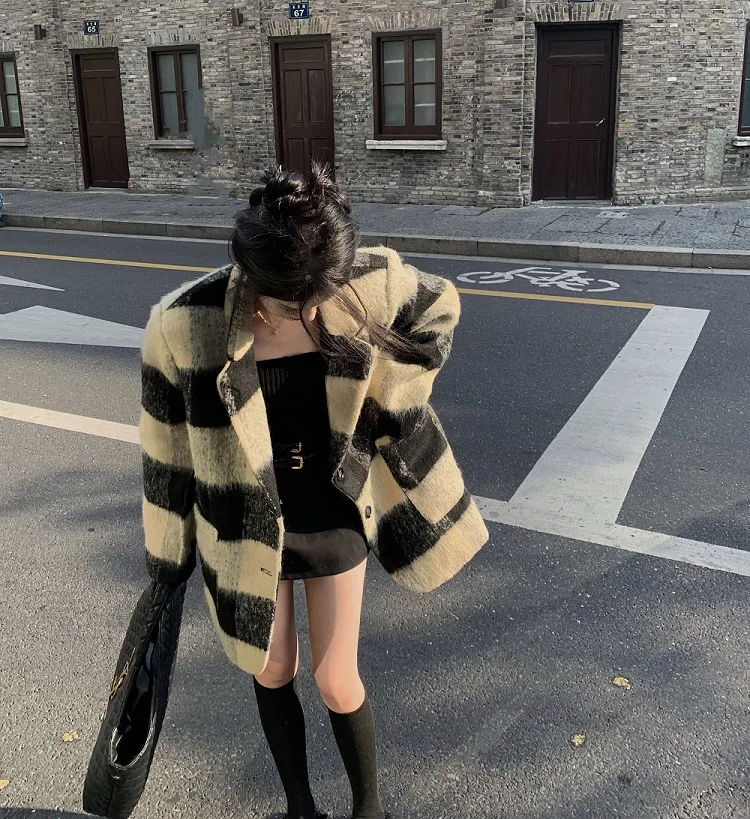 Korean Plaid Suit Coat Women's Autumn Winter Mid Long Hepburn Loose Temperament Heavy Woolen Coat Wool Clothing Za Fashion Y2k
