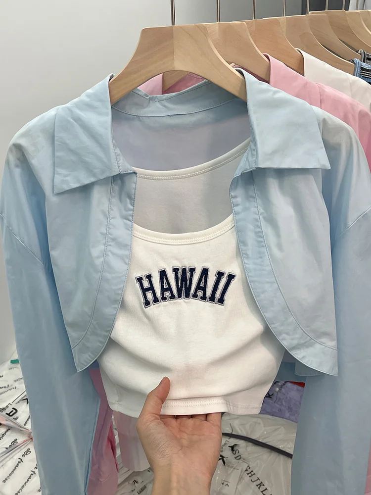 

Fashion 2023 Women Two Piece Set Suit Vintage Long Sleeve Blue Shirt Off Shoulder White Vest Crop Top Female Y2k Korean Elegant