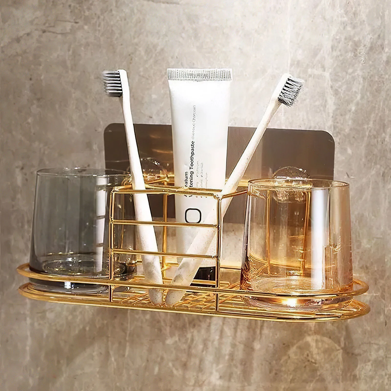 

Punch-free Toothbrush Holder Wall-mounted Wrought Iron Dental Rack Toothpaste Cup Holder with Non-marking Glue for Bathroom Home