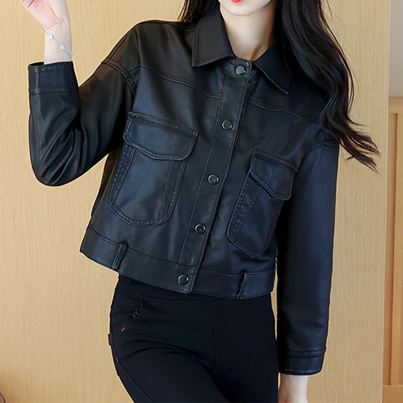 Womens Brown Biker Leather Jacket Button Down Pocket Fall and Spring Fashion Motorcycle Coat Office Casual Outwear