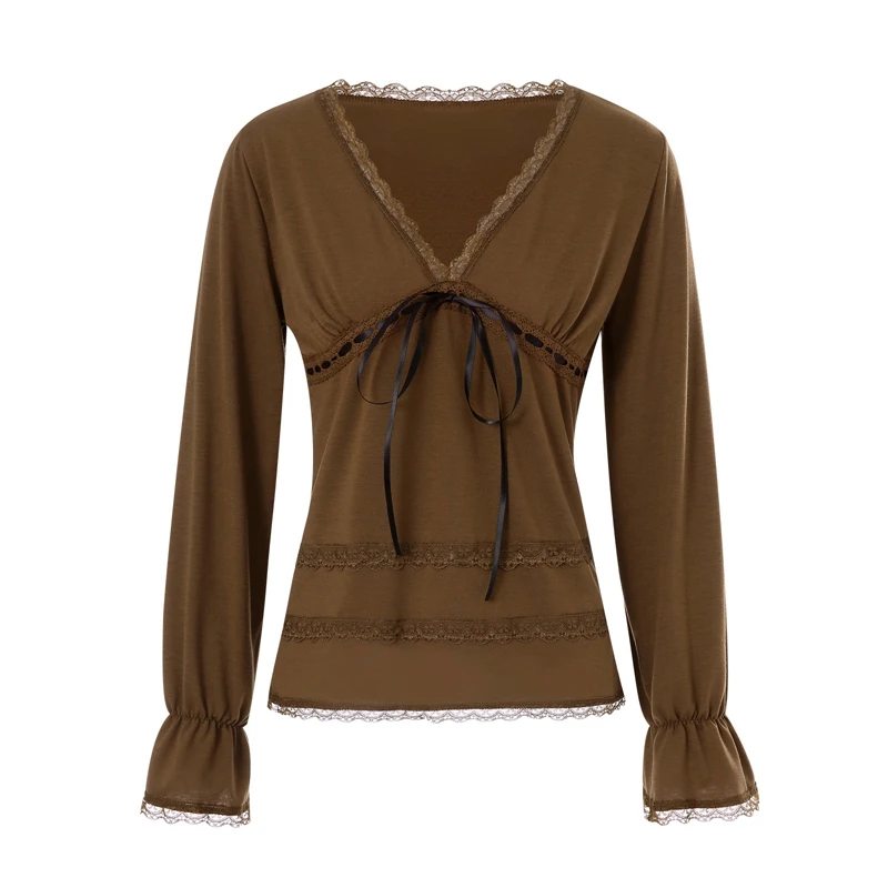 Fairycore гранж винтажная коричневая футболка с кружевной отделкой V-образным