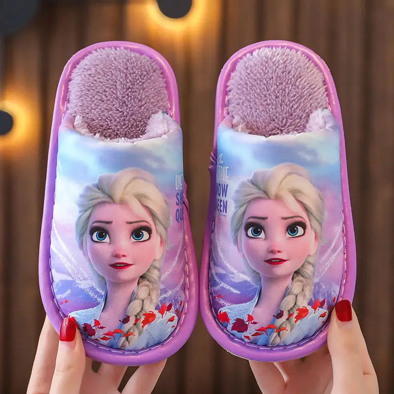 Disney Home Children's Cotton Slippers Frozen Princess Elsa Girls Winter PU Leather Waterproof Indoor Non-slip Warm Boys Shoes