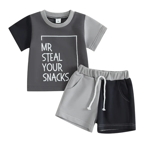 Комплект летней одежды для маленьких мальчиков, лоскутный топ с коротким рукавом и буквенным принтом + шорты контрастных цветов с эластичным поясом, повседневная одежда для малышей