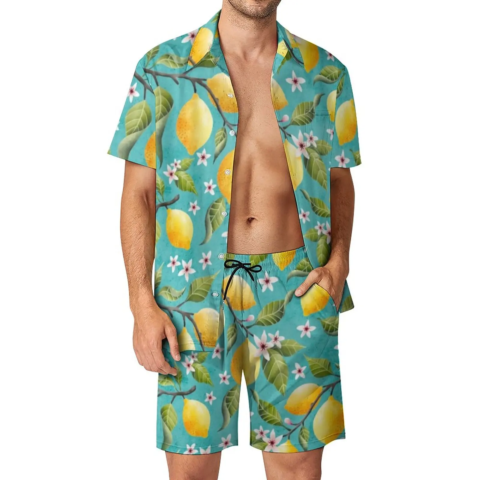 

Lemon Tree Men Sets Floral And Leaf Print Casual Shirt Set Retro Beachwear Shorts Summer Suit Two-piece Plus Size 3XL