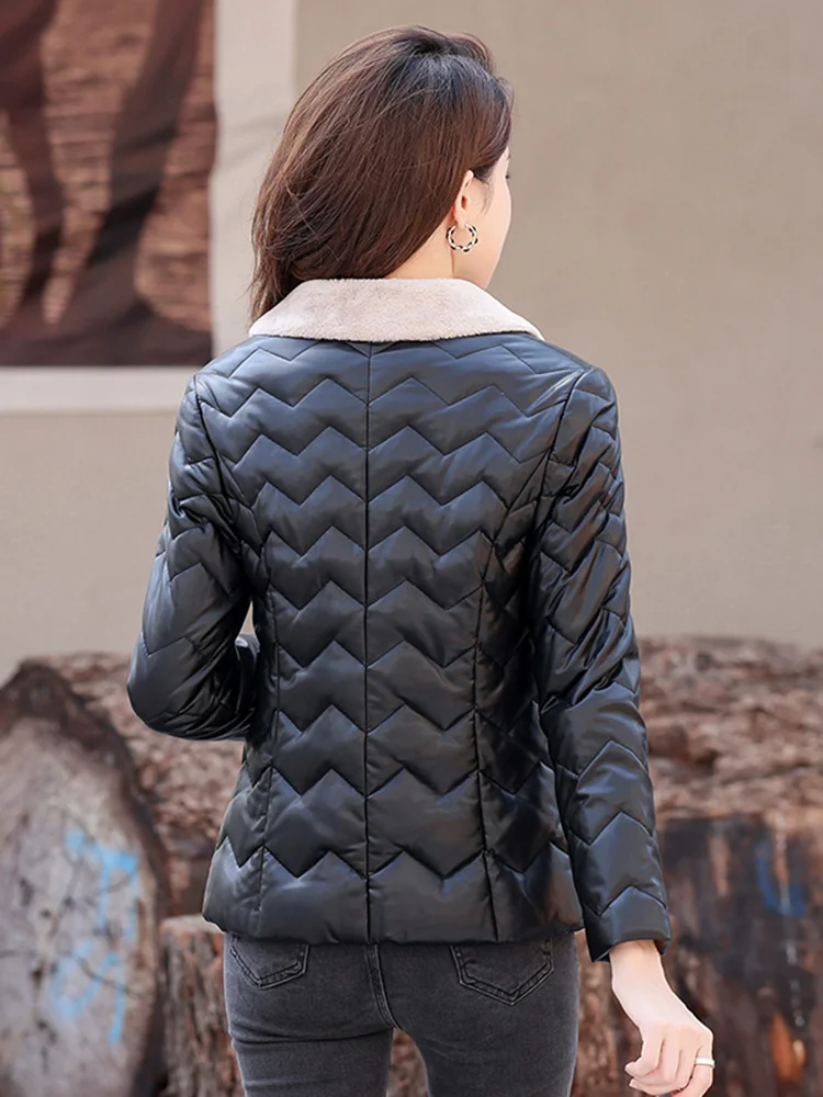 New Women Short Leather Down Coat Autumn Winter Casual Fashion Lamb Wool Turn-down Collar Slim Thicken Sheepskin Down Jacket