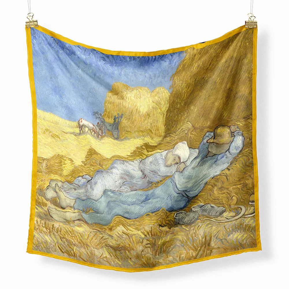 

Twill Silk Scarf Women Headband Square Fashion Hair Band Hand Kerchief 53Cm Female Bandanas wheat field Oil Print Neck Scarfs