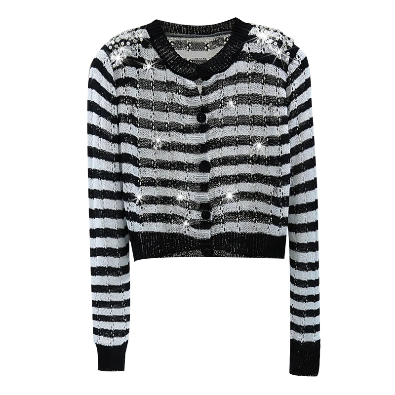 

Beads Rhinestones Hollow Ice Silk Knit Sun Protection Cardigan for Women 2022 Summer Autumn Korean Style High Waist Thin Top