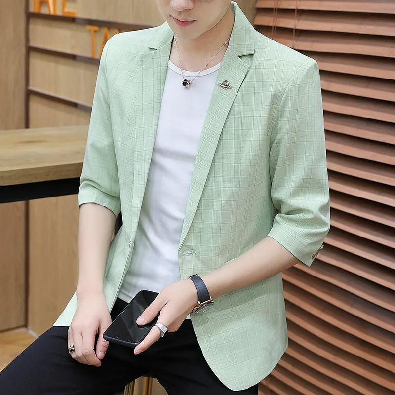 

HOO 2022 Men's Elbow-Sleeved Top blazer Youth Summer Thin Plaid Slim Fit blazer