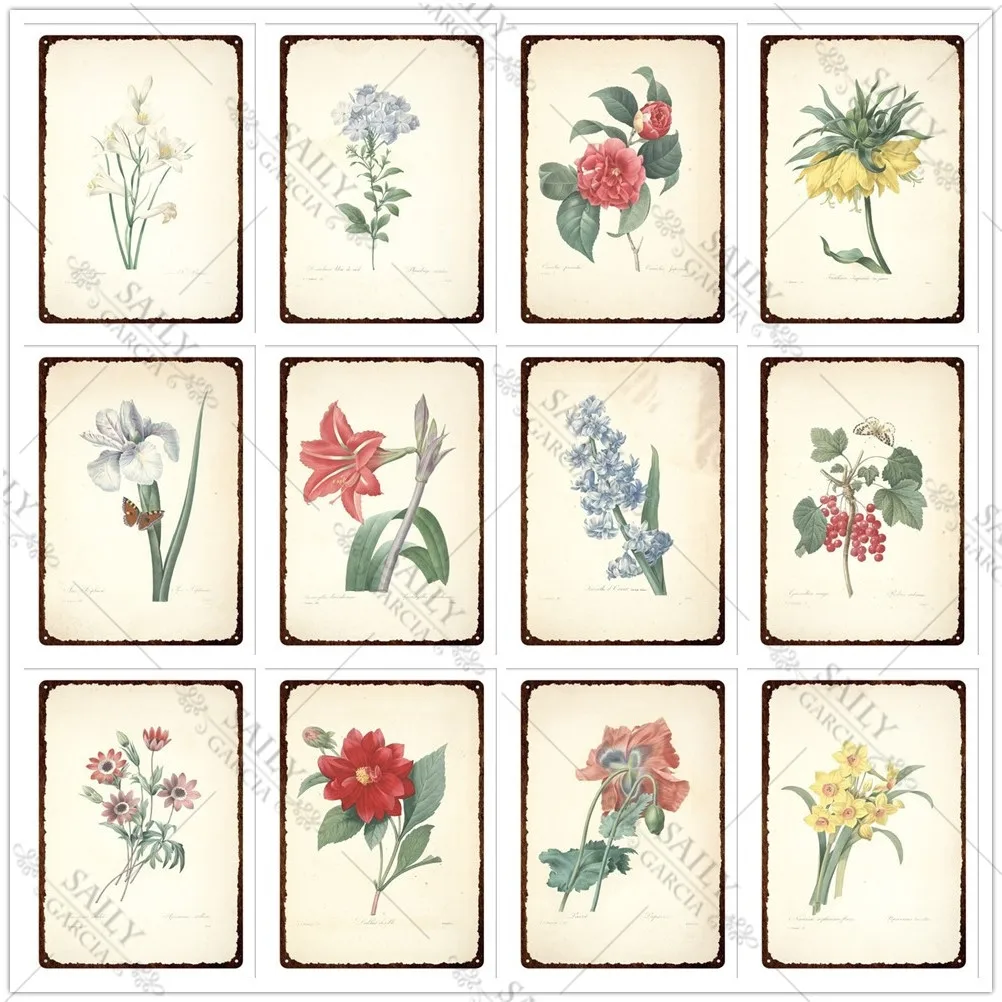 

Vintage Fruit and Vegetable Metal Print Plates Pub Bar Sign Peony Rose Flowers Metal Tin Sign Man Cave Home Decor Tin Plaques
