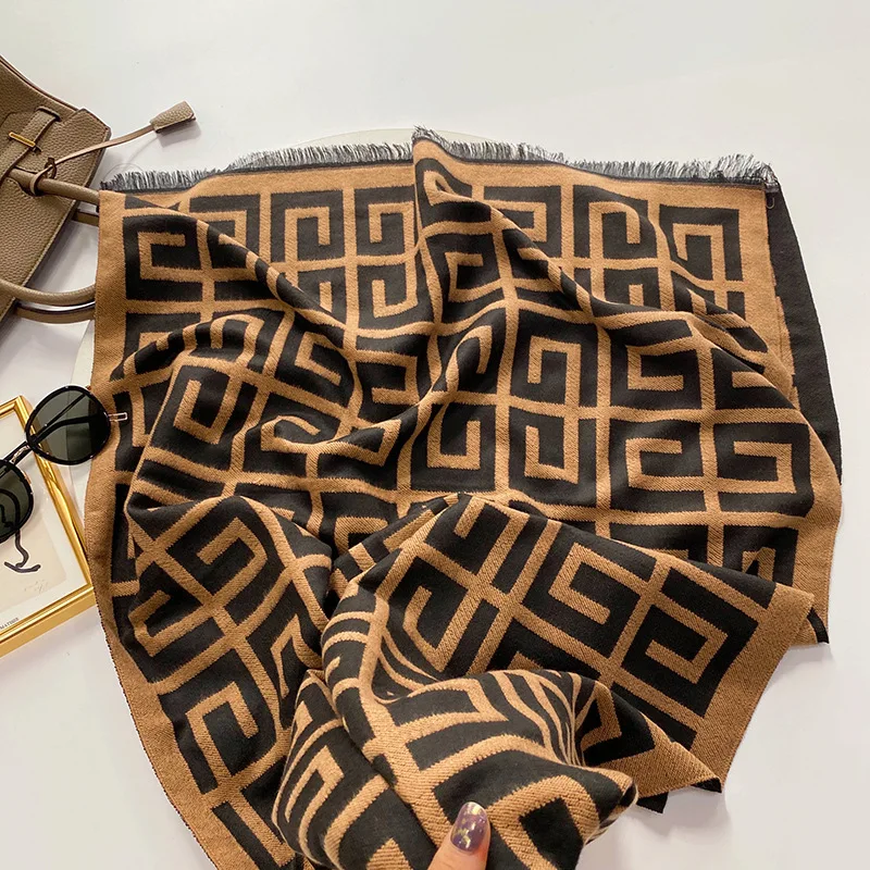 2021 New Winter Scarf Women's Luxury Brand Tippet Knitted Cashmere Scarves and Shawls Designer Warm Plaid Letter Jersey