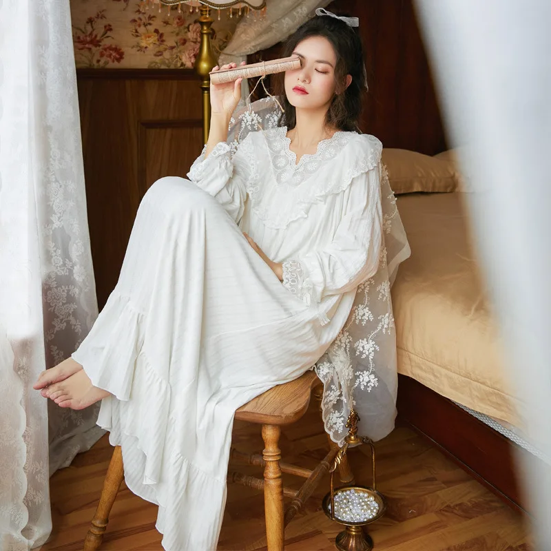 

Spring Autunm New Lady Long Sleeve Dress Cotton Solid Women Lace Homewear Female Loose Princess Retro Casual Sleepwear
