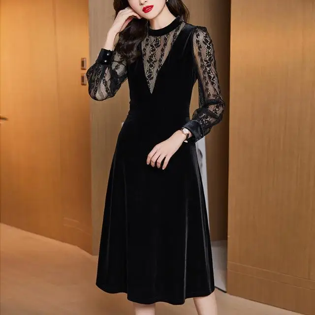 Solid Patchwork Velvet Dress Vintage Spring and Autumn Women's Long Sleeve Elegant Lace Turtleneck Midi A Line Vestidos M791