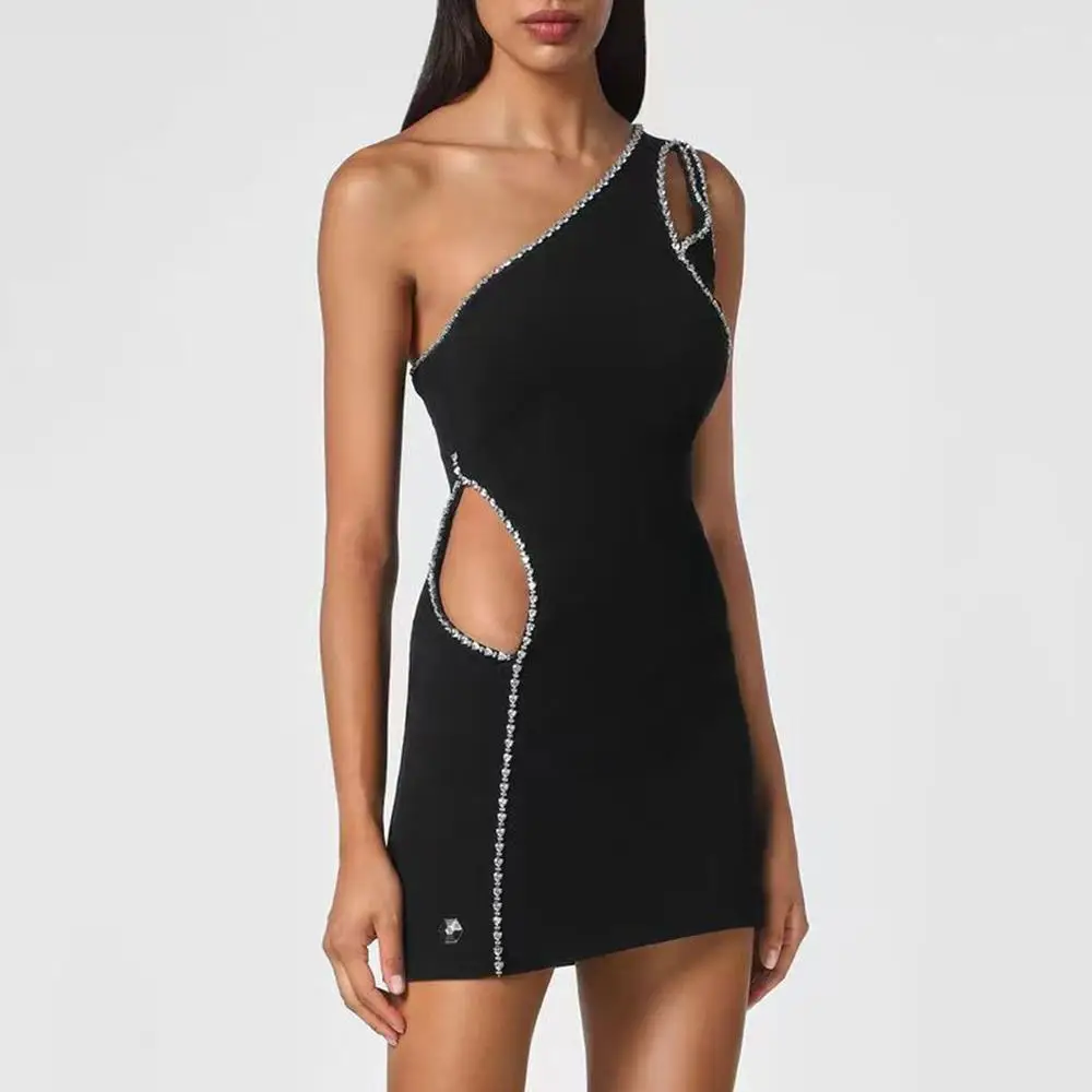 

2023 Summer Women's Sexy One-shoulder Diamond Cut-out Tight Mini Bandage Dress Elegant Celebrity Nightclub Party Dress
