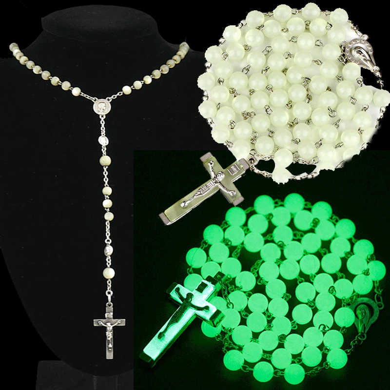 Светящиеся в темноте четки круглые бусины крест Девы Марии модное светящееся