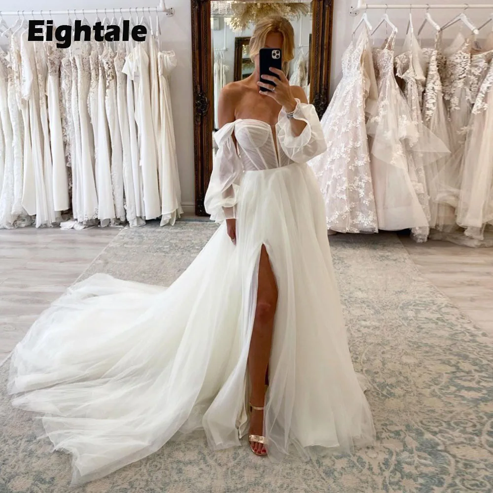 

Eightale Princess Wedding Dresses for Women Off the Shoulder Side Slit Long Sleeves Boho Bridal Gown robe femme chic et élégante
