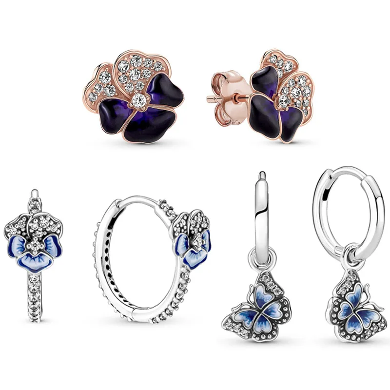 925 Sterling Silver Earring Blue Pansy Flower Butterfly Hoop Stud Earrings With Enamel For Women Gift Europe DIY Jewelry
