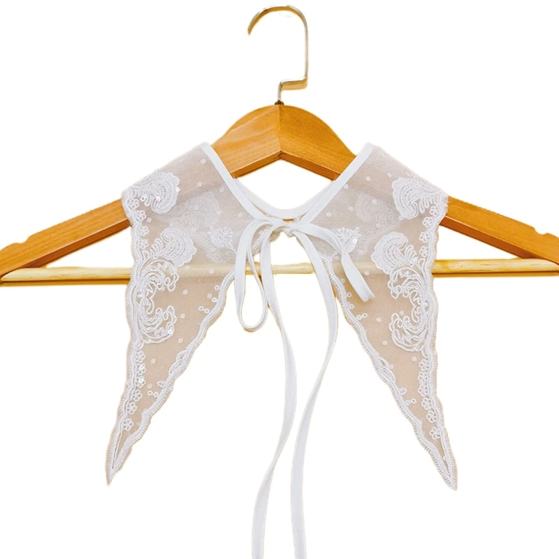 

Женская Вышивка волнистый Цветочный Съемный кружевной воротник шаль заостренный треугольный шарф накидка Блестящие Блестки в горошек сет...