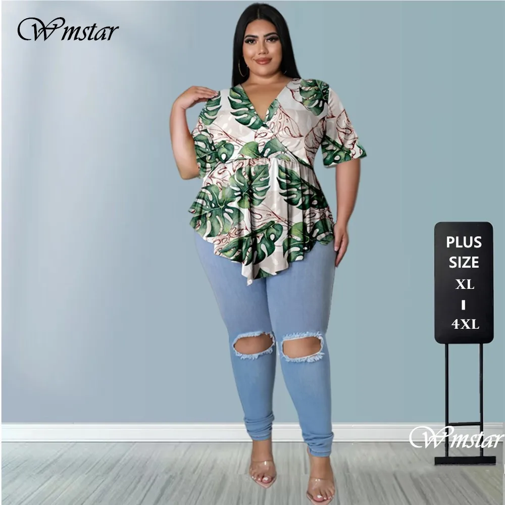 

Wmstar Plus Size Women's T-Shirts Tops Women 2022 Print Short Sleeve V Neck Blouses Printed Crop Top Wholesale Dropshipping