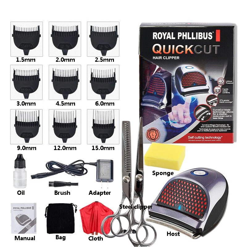 

Pro Self-Hair Cut Kit Hair Clippers Beard Trimmer Cutter Groomer Suit with 9 Combs Brush Pouch Charger or Hair Cutting Cloth