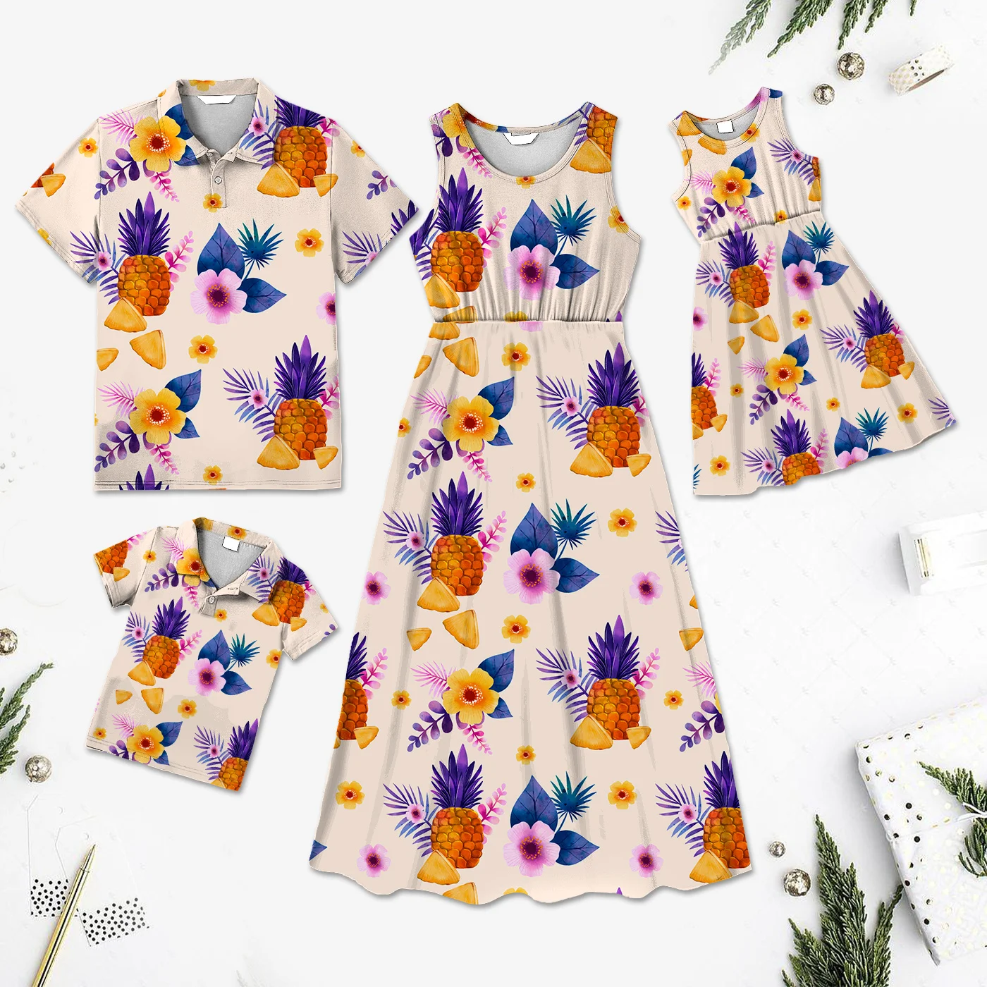 

Family Matching Splice Sleeveless Dresses And Short Sleeve Shirts Sets Summer Hawaii Printing Clothes Casual Holiday Family Look