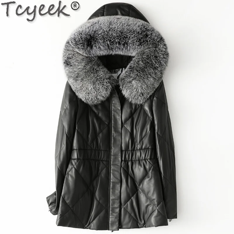 

Sheepskin Women Clothes Winter Jacket Silm Genuine Leather Jacket Black Hooded Fox Fur Collar Women's Long Coat Chaquetas