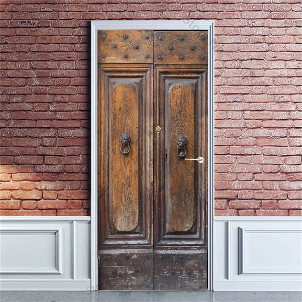 

3D реалистичные наклейки на дверь с принтом древесины, самоклеящиеся ретро персонализированные наклейки для входной двери в спальню, декоративные настенные художественные наклейки