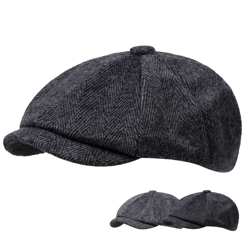 

Men's Ladies Newsboy Hat Gray Herringbone Flat Hat Autumn And Winter British Painter Soft Octagonal Hat Beret Wholesale
