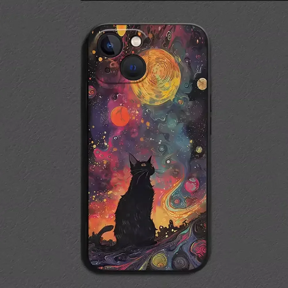 Художественный чехол для телефона Black Cat Starry Night iPhone 16 15 14 13 12 11 Pro Max Mini X XS MAX 7 8 Plus