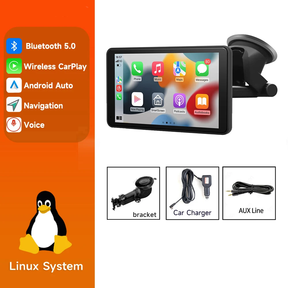 

7-дюймовый универсальный беспроводной Carplay автомобильный радиоприемник мультимедийный видеоплеер GPS-навигация Apple Android Auto Bluetooth сенсорный экран