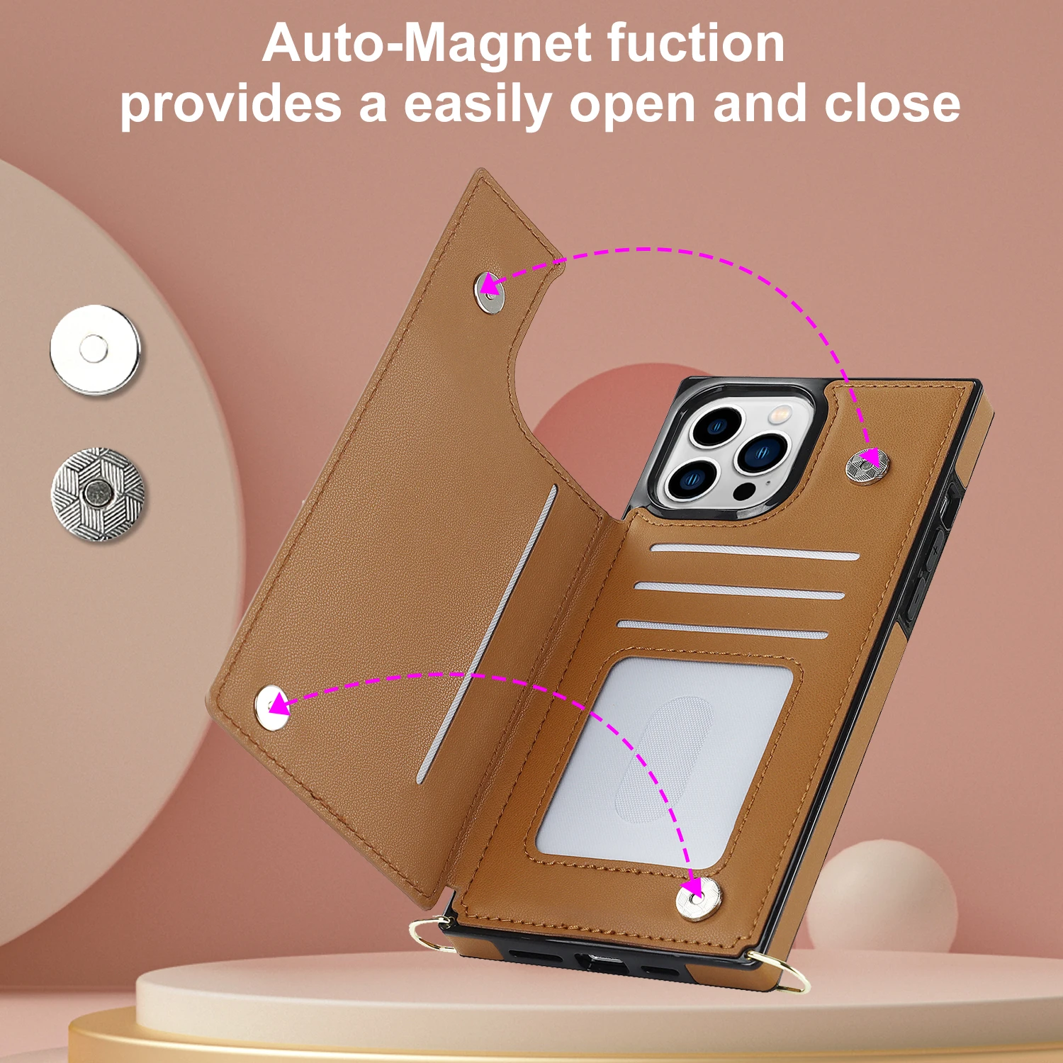 Leather Wallet Lanyard Cards Solt Holder Square Case For Iphone 14 Pro Max 13 12 Mini 11 X Xr Xs 7 8 Plus Strap Crossbody Cover