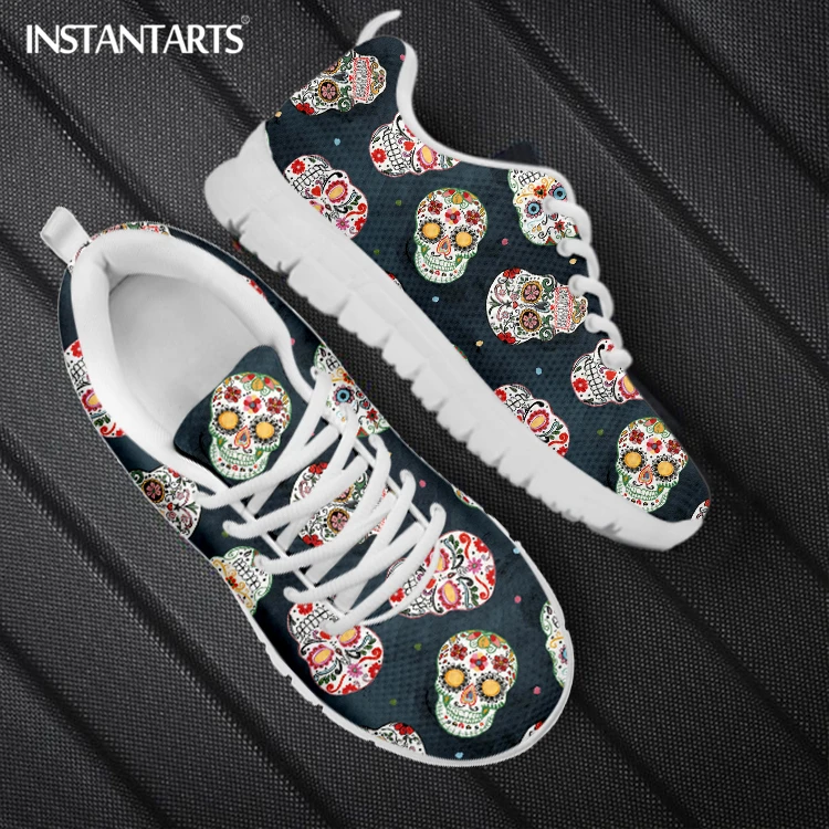 

INSTANTARTS Gothic Sugar Skull Pattern Women Flat Shoes Spring Soft Lace-up Mesh Sneakers Ladies Breathable Sport Zapatos 2022