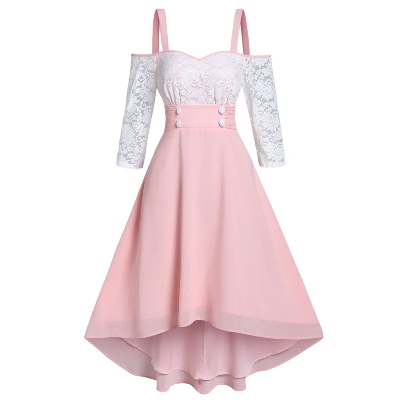 

Chiffon Flower Lace Insert Cold Shoulder Dress Faux Pearl High Waist Femme Dresses Long Sleeve Clothes For Spring Outing New