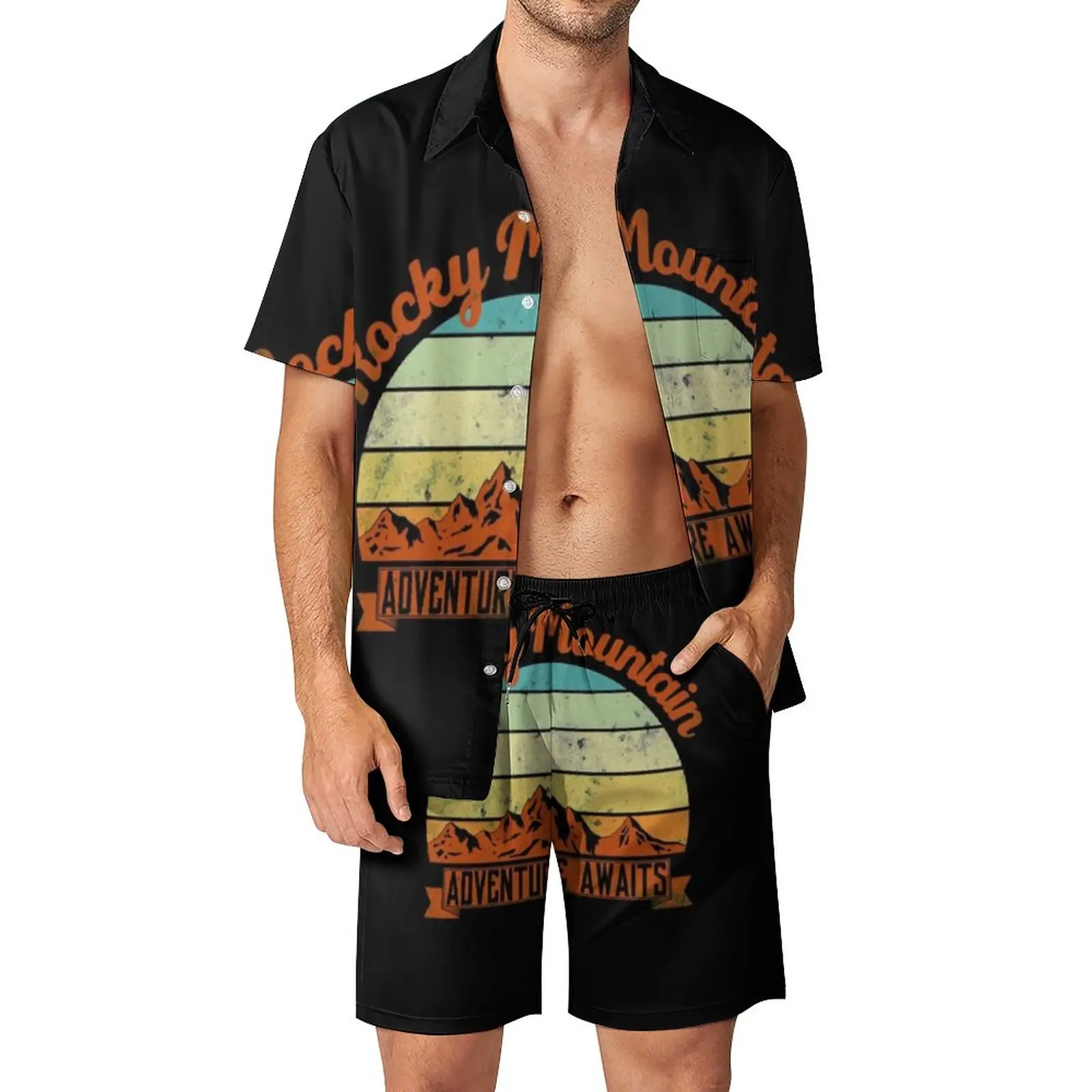 

Комплекты мужские с принтом Рокки и гор, повседневный комплект из рубашки и шортов для отдыха на природе, походов, семьи, летняя модель